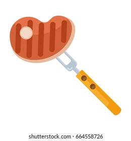 Meat on fork. BBQ menu. Flat vector cartoon illustration. Objects isolated on a white background.