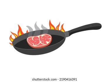Meat on frying pan in flat design on white background. Cooking in the kitchen.
