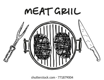Meat on the grill. Grilled steak. Great for market, restaurant, grill cafe, food label design.