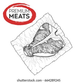 Meat on paper. Hand drawn vector illustration. Design sketch element.