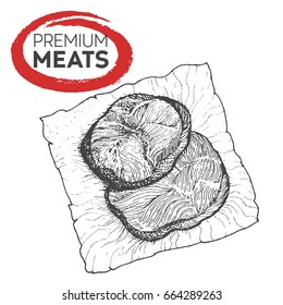 Meat on paper. Hand drawn vector illustration. Design sketch element.