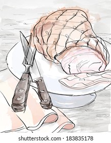 meat on plate vector still life beautiful water-colour painting