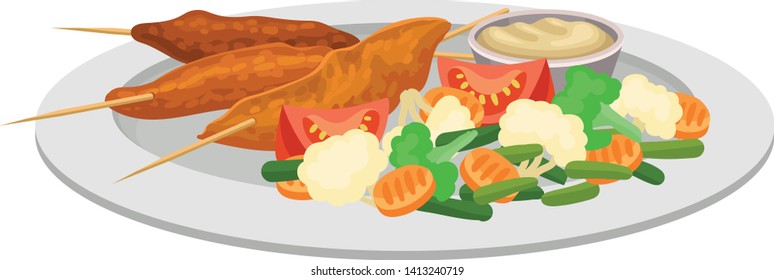 Meat on a skewer with a salad of vegetables. Vector illustration on white background.