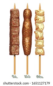 Meat on a stick. Pork souvlaki, shish kebab, chicken souvlaki. Greek and Turkish traditional food. Vector Illustration