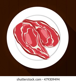 Meat on a white plate with a long shadow on the wooden background. Vector illustration