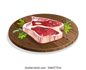 Meat on wooden plate. Isolated food on white background. Pork or beef raw meat. Restaurant meal. Menu.