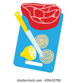 Meat, onion and knife on the board. Food icon. Vector illustration