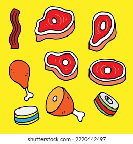 Fleischpackung in handgezeichnet Cartoon-Stil in voller Farbe mit schwarzem Umriss