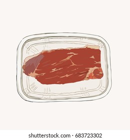 meat in pack , package in supermarket frozen zone, fresh meat , sketch vector.