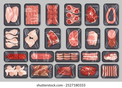 Fleischverpackungen. Metzgereiprodukte Produktion Pakete Draufsicht mit gefrorenem Fleisch Schweinefleisch Rindfleischwürste aktuelle Vektorbilder