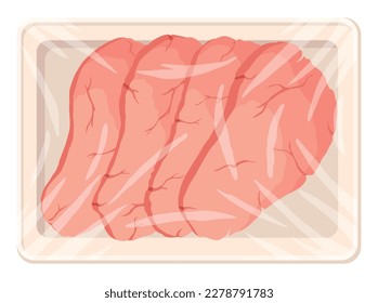 Meat packaging icon, vacuum wrap container. Product for counter of the butcher store. Supermarket food in pack. Top view decorative vector illustration