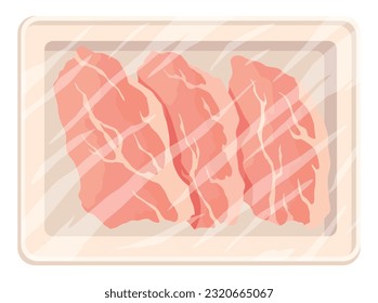 Meat packaging icon, vacuum wrap container. Product for counter of the butcher store. Supermarket food in pack. Top view decorative vector illustration