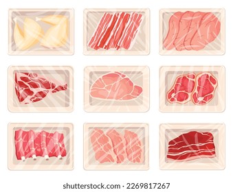 Meat packaging icons. Plastic tray of steaks, ham, bacon of pork, beef and lamb. Products for counter of the butcher store. Supermarket food in pack. Top view decorative vector illustration