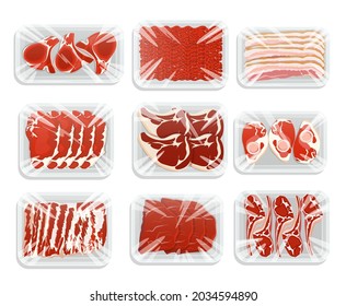 Meat packaging illustration. Plastic tray of minced meat, steaks, ham, bacon of pork, beef and lamb. Products on the counter of the butcher store. Vector