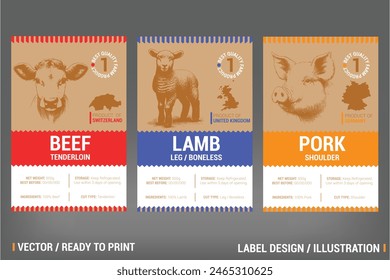 Meat packaging label design set for beef, lamb, and pork, featuring detailed hand-drawn illustrations, distinct color accents, and informative labels. Perfect for farms, butchers, and supermarkets