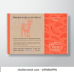 Meat Pattern Realistic Cardboard Box Container. Abstract Vector Packaging Design or Label. Modern Typography, Hand Drawn Goat Silhouette. Craft Paper Background Layout. Isolated.