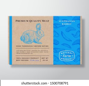 Meat Pattern Realistic Cardboard Box Container. Abstract Vector Packaging Design or Label. Modern Typography, Hand Drawn Rabbit Silhouette. Craft Paper Pork Background Layout. Isolated.