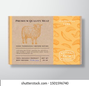 Meat Pattern Realistic Cardboard Box Container. Abstract Vector Packaging Design or Label. Modern Typography, Hand Drawn Lamb or Sheep Silhouette. Craft Paper Background Layout. Isolated.