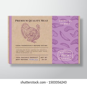 Meat Pattern Realistic Cardboard Box Container. Abstract Vector Packaging Design or Label. Modern Typography, Hand Drawn Turkey Silhouette. Craft Paper Poultry Background Layout. Isolated.