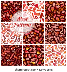 Meat patterns set. Vector seamless background of fresh and butcher shop delicatessen meat sausages, ham, bacon, beefsteak, schnitzel, salami, pepperoni, wurst, meatloaf, jamon.