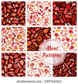 Meat patterns set. Vector seamless background of fresh butcher shop delicatessen meat sausages, ham bacon, beefsteak, schnitzel, salami and pepperoni wurst

