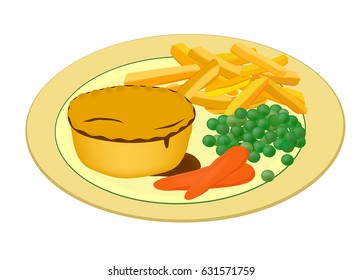 meat pie with carrots, peas and chips on a plate vector