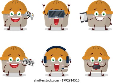 Meat pie cartoon character are playing games with various cute emoticons. Vector illustration