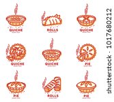 Meat pie, roll, quiche vector set line logo templates. Two color illustration. Hot, fresh and tasty. Bakery shop menu, advertisements, brochures, business templates. Isolated on a white background.