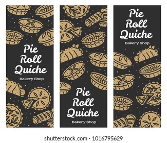 Meat pie, roll, quiche vector set banner illustration. Hot, fresh and tasty. Bakery shop menu, recipe, web graphics, advertisements, brochures, business templates Isolated on a white background