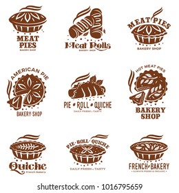 Meat Pie, Roll, Quiche Vector Set Logo Templates. One Color Illustration. Hot, Fresh And Tasty. Bakery Shop Menu, Advertisements, Brochures, Business Templates. Isolated On A White Background