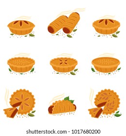 Meat Pie, Roll, Quiche Vector Set Flat Full Color Illustration. Hot, Fresh, Tasty And Organic. Bakery Shop Web Graphics, Advertisements, Brochures, Business Templates. Isolated On A White Background.