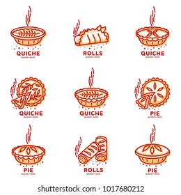 Meat pie, roll, quiche vector set line logo templates. Two color illustration. Hot, fresh and tasty. Bakery shop menu, advertisements, brochures, business templates. Isolated on a white background.