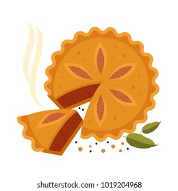 Meat pie, roll, quiche vector flat full color illustration. Hot, fresh, tasty and organic. Bakery shop web graphics, advertisements, brochures, business templates. Isolated on a white background.