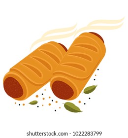 Meat pie, roll, quiche vector flat full color illustration. Hot, fresh, tasty and organic. Bakery shop web graphics, advertisements, brochures, business templates. Isolated on a white background.