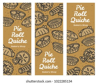 Meat pie, roll, quiche vector set banner illustration. Hot, fresh and tasty. Bakery shop menu, recipe, web graphics, advertisements, brochures, business templates Isolated on a white background