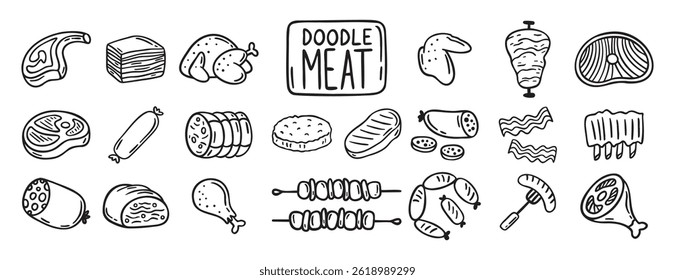 meat, pieces of meat and meat products doodle hand drawn icon set. Outline drawing meat products line clipart symbol collection. Vector illustration