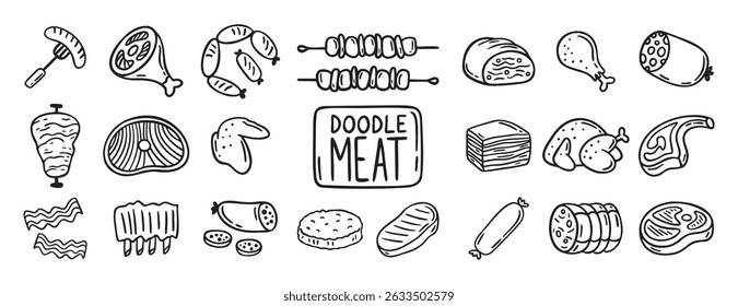 meat, pieces of meat and meat products doodle hand drawn icon set. Outline drawing meat products line clipart symbol collection. Vector illustration