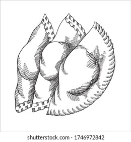 pasteles de carne. Dibujo lineal a mano. Vintage