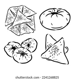 pasteles de carne. Dibujo lineal a mano. Vintage