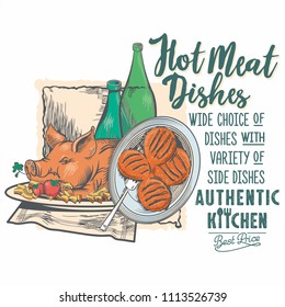 Meat, pig with potatoes and tomatoes, schnitzel, schnapps, wine, advertising sign on white background, authentic cuisine, lettering, illustration, vector