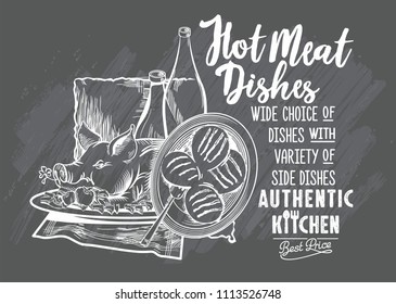 Meat, pig with potatoes and tomatoes, schnitzel, schnapps, wine, advertising sign, chalk drawing on the Board, authentic cuisine, lettering, illustration, vector