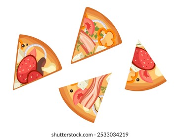 Pizza de carne con queso rebanada de vegetales queso champiñón aislado conjunto. Ilustración de Diseño gráfico plano de Vector