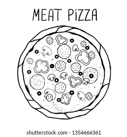 Meat pizza. Illustration of tasty pizza vector. Hand drawn pizza poster.