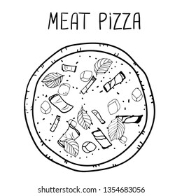 Meat pizza. Illustration of tasty pizza vector. Hand drawn pizza poster.