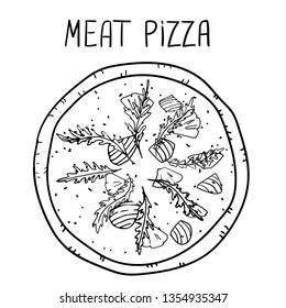 Meat pizza. Illustration of tasty pizza vector. Hand drawn pizza poster.
