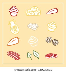 Meat Pizza ingredients vector set, hand drawn icons