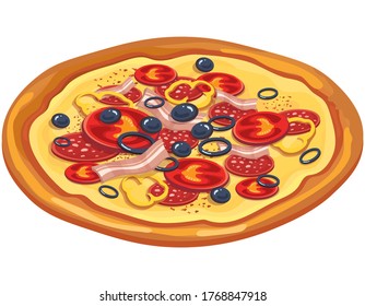 Meat pizza with pepper tomatoes and olives. Italian fast food in cartoon style.