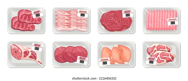 Meat plastic trays. Cartoon raw animal products, vacuum wrap packaging containers with semi finished. Fresh farm food, grocery market, sausages and steak, beef, chicken and pork vector set