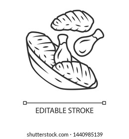 Meat plate linear icon. Steak and chicken drumsticks. Butcher shop product. Thin line illustration. Contour symbol. Vector isolated outline drawing. Editable stroke