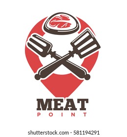 Meat point logo template of beefsteak grill or barbecue and crossed fork and spatula with map navigation sign for barbecue or meat steak restaurant